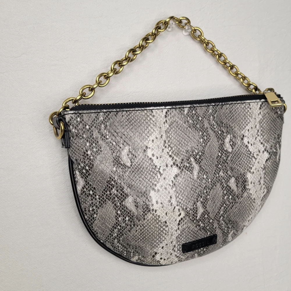 Fossil Gray Snakeskin Print Half Moon Clutch Bag Shoulder Purse Gold Chain MCM - Picture 4 of 9